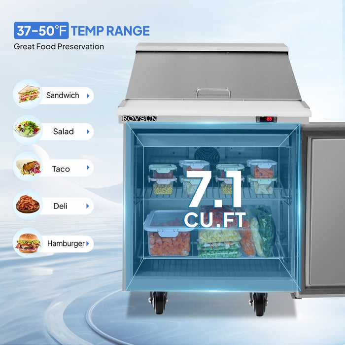 ROVSUN 28" 7.1 Cu.Ft. 320W 115V Silver Refrigerated Salad Sandwich Prep Table
