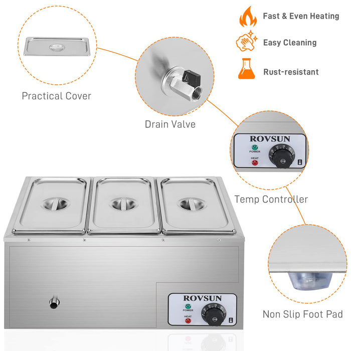 ROVSUN 21 QT 600W 110V 3-Pan Electric Steam Table Food Warmer Countertop