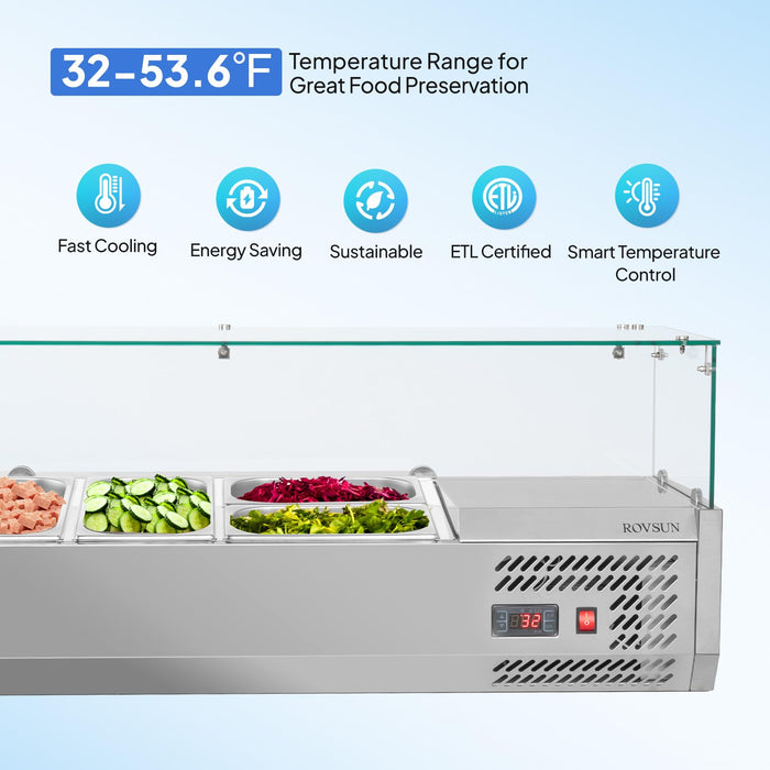 ROVSUN 47" 125W 110V Refrigerated Prep Rail Countertop with Glass Shield