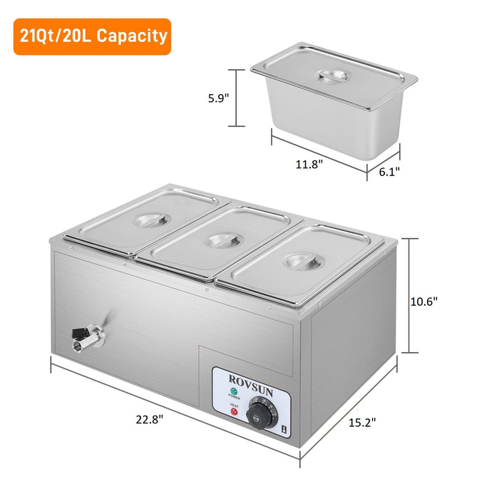 ROVSUN 21 QT 600W 110V 3-Pan Electric Steam Table Food Warmer Countertop